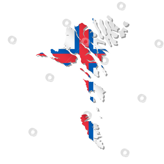 Скачать Векторная изолированная иллюстрация с изображением национального флага Фарерских островов и упрощенной формой карты Фарерских островов. Объемная тень на карте. Белый фон фотосток Ozero