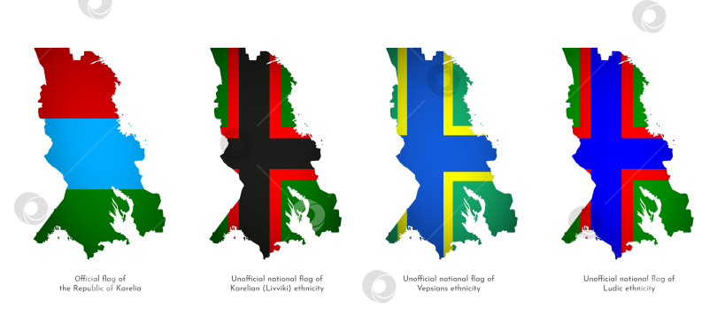 Скачать Векторный изолированный набор с национальными карельскими и неофициальными флагами народов Людик, ливвики и вепсов, которые являются российским регионом. Объемная тень на карте. Белый фон фотосток Ozero