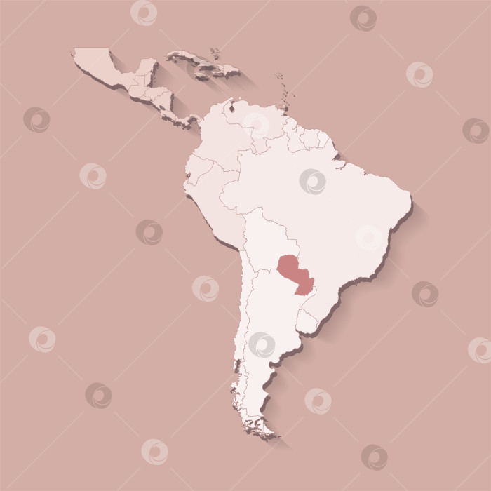 Скачать Векторная иллюстрация с изображением земель Южной Америки с границами штатов и отмеченной страной Парагвай. Политическая карта в коричневых тонах с регионами. Бежевый фон фотосток Ozero