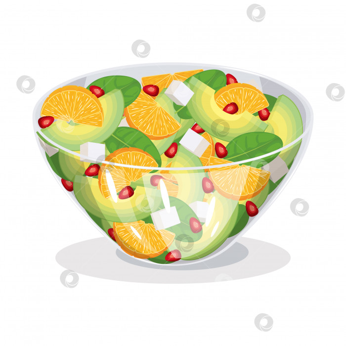 Скачать Вегетарианский салат с авокадо, апельсином, шпинатом, гранатом, зерновыми, сыром, фетой. Здоровая вегетарианская пища для детоксикации. Векторная иллюстрация, мультфильм, иконка, символ, наклейка, элемент дизайна для меню, кулинарного блога. фотосток Ozero