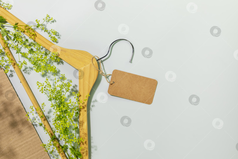 Скачать Деревянная вешалка с зелеными ветками и пустой этикеткой на синем фоне фотосток Ozero