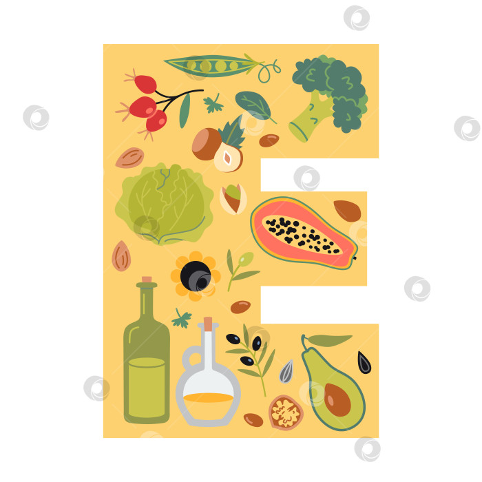 Скачать Источники витамина Е в продуктах питания в форме буквы "Е". Набор фруктов, овощей, орехов, ягод и масел. Изолированная мультяшная векторная иллюстрация, плоская фотосток Ozero