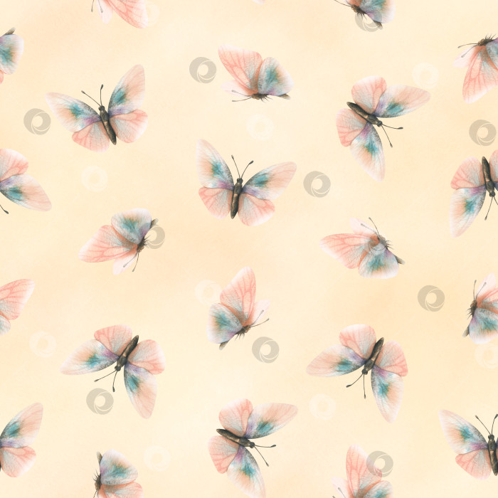 Скачать Нежные, летящие, элегантные бабочки в модном пастельном цвете "персиковый пух" в винтажном стиле. Ручная акварельная иллюстрация. Бесшовный узор, повторяющий орнамент на бежевом фоне. фотосток Ozero