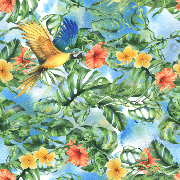Скачать Тропические пальмовые листья, монстера и цветы плюмерии, гибискус, ярко-сочный сине-желтый попугай ара. Ботаническая иллюстрация ручной работы, выполненная акварелью. Бесшовный узор на синем фоне. фотосток Ozero