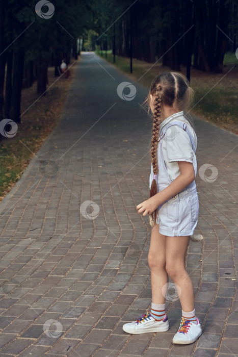 Скачать Девушка в шортах с длинными косичками стоит на дорожке, выложенной брусчаткой, и оглядывается назад. Парковая зона для прогулок и занятий спортом фотосток Ozero