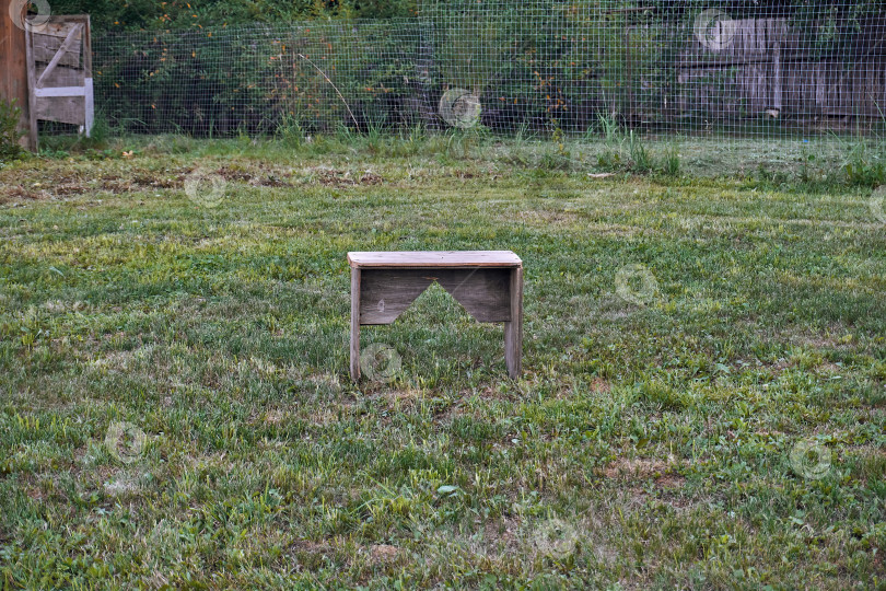 Скачать Скамейка стоит на лугу в огороде. Деревянная скамейка или ступенька для сбора урожая. Зеленая трава или газон фотосток Ozero