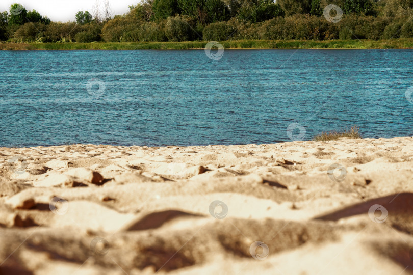 Скачать Река в летнее время, на переднем плане речной песок, на заднем плане кусты, деревья, синева фотосток Ozero