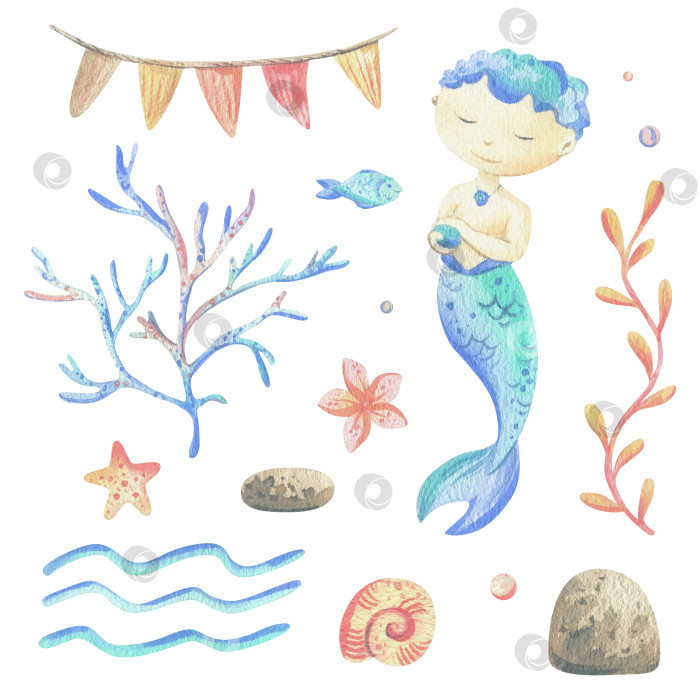 Скачать Русалочка - это маленький мальчик с рыбками, ракушками, кораллами, водорослями, морскими звездами. Акварельная иллюстрация, выполненная от руки пастельными бирюзовыми, голубыми, коралловыми, розовыми красками. Набор элементов, выделяющихся на фоне фотосток Ozero