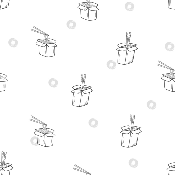 Скачать Лапша с бесшовным рисунком и палочками для еды в коробке, значок каракуля. Векторная иллюстрация китайской кухни, удон. фотосток Ozero