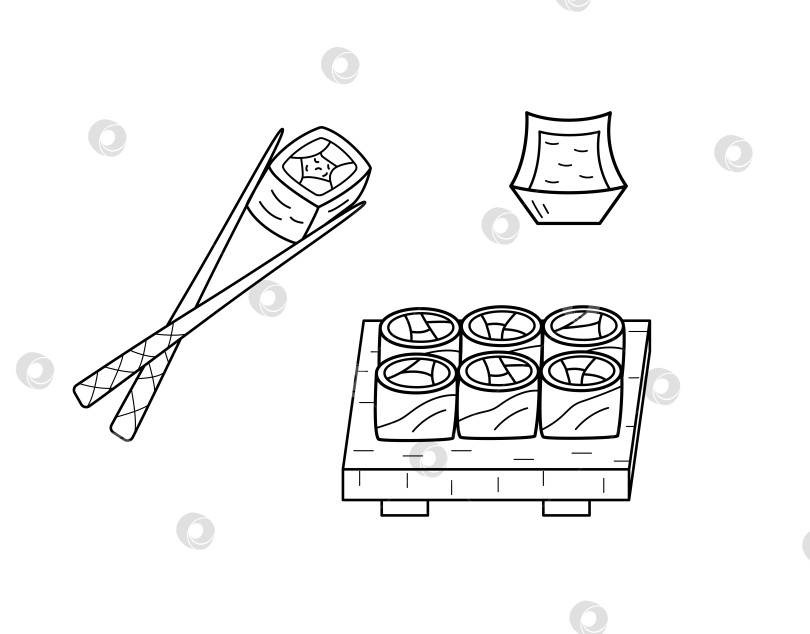 Скачать Суши и роллы в стиле каракулей. Векторная иллюстрация японской азиатской кухни, иконки меню для ресторанов. фотосток Ozero