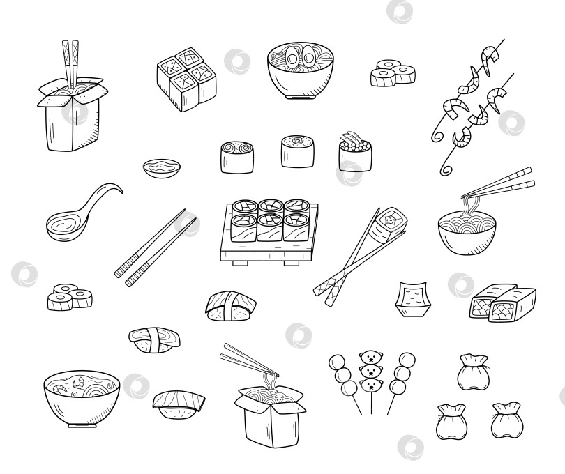 Скачать Набор азиатских блюд в стиле каракулей. Векторная иллюстрация меню японской, китайской и тайваньской кухни для ресторанов. фотосток Ozero