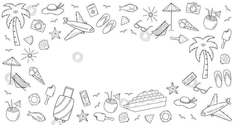 Скачать Набор значков в стиле каракулей для летних путешествий. Векторная иллюстрация элементов туризма и пляжного отдыха. фотосток Ozero