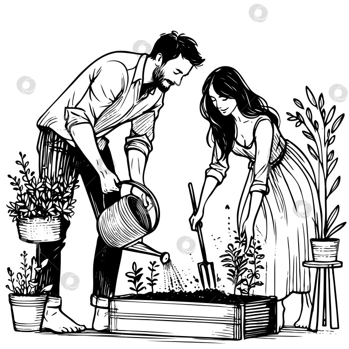 Скачать мужчина и женщина поливают растения в саду фотосток Ozero