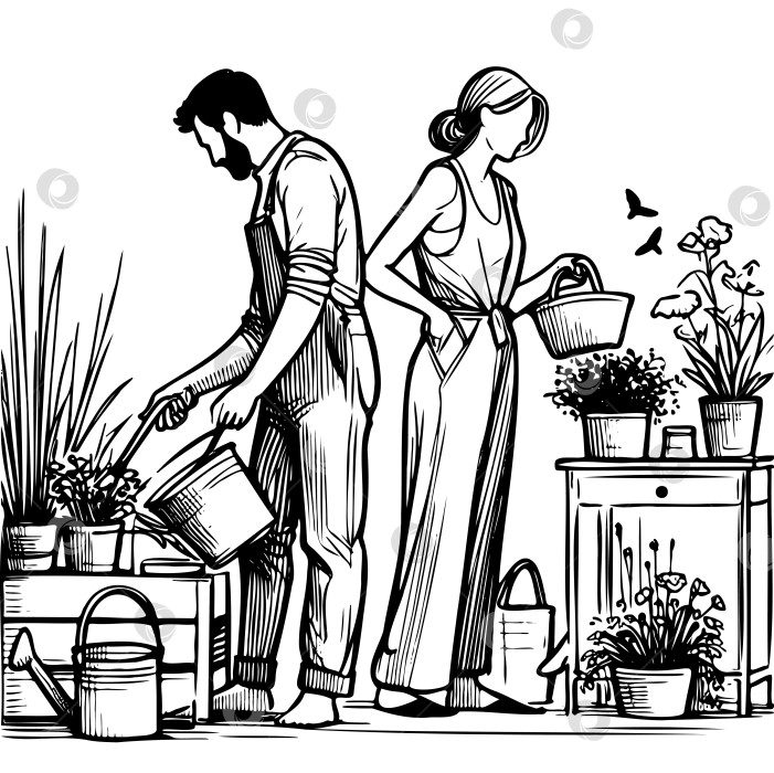 Скачать мужчина и женщина поливают растения фотосток Ozero