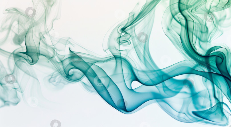 Скачать Волны зеленого и синего дыма создают воздушную и текучую форму на белом фоне, создавая впечатление грациозного движения фотосток Ozero