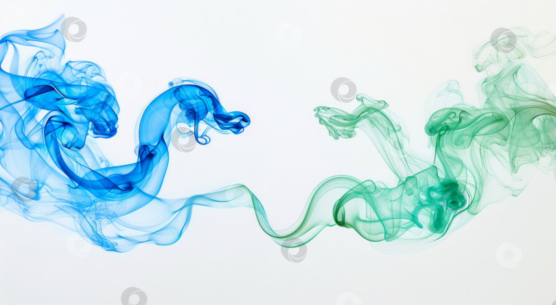 Скачать Волны зеленого и синего дыма создают воздушную и текучую форму на белом фоне, создавая впечатление грациозного движения фотосток Ozero