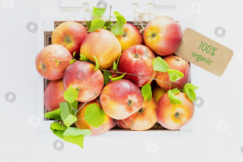 Скачать Натуральные красные яблоки в деревянной коробке с этикеткой с надписью 100% органические фотосток Ozero