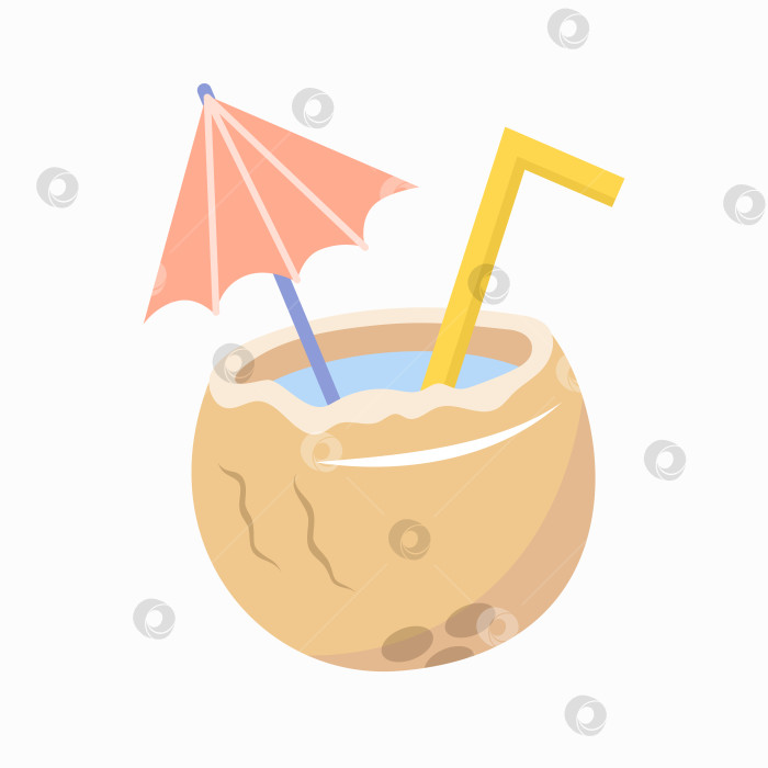 Скачать Кокосовый коктейль с соломинкой и зонтиком в плоском стиле. Элементы летнего пляжного дизайна. фотосток Ozero