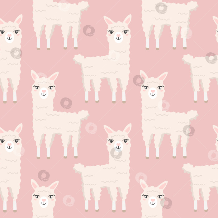 Скачать Бесшовный узор с милым мультяшным рисунком ламы, альпаки на розовом фоне. Дизайн для печати, текстиля, тканей. фотосток Ozero