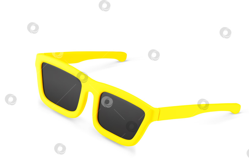 Скачать 3d-мультипликационные солнцезащитные очки ярко-желтого цвета на простом белом фоне. Солнцезащитные очки классической формы с широкой оправой и темными линзами. Элемент дизайна для рекламы. Векторная иллюстрация с 3d-рендерингом. фотосток Ozero