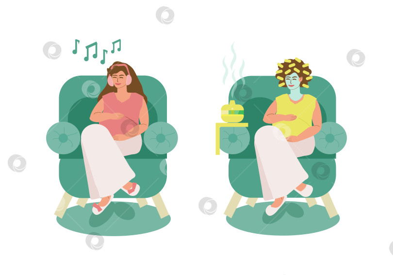 Скачать Беременная женщина слушает музыку в кресле и принимает спа процедуры фотосток Ozero