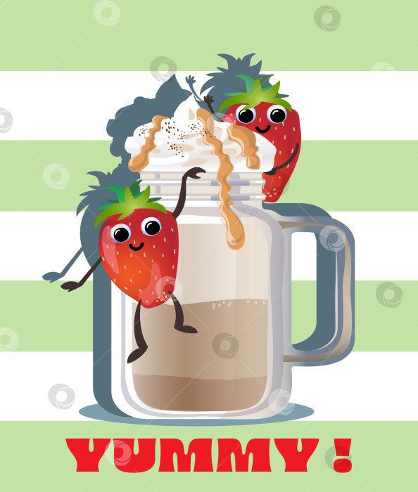 Скачать Вкусная милая мультяшная иллюстрация с клубничным смузи, молочным коктейлем, кофе латте со сливками фотосток Ozero