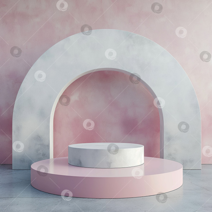 Скачать Круглый каменный подиум для демонстрации продукции. Розовый и серый фон для создания бренда косметической продукции, айдентики и упаковки.  Фон для дизайна макета размещения продукции фотосток Ozero