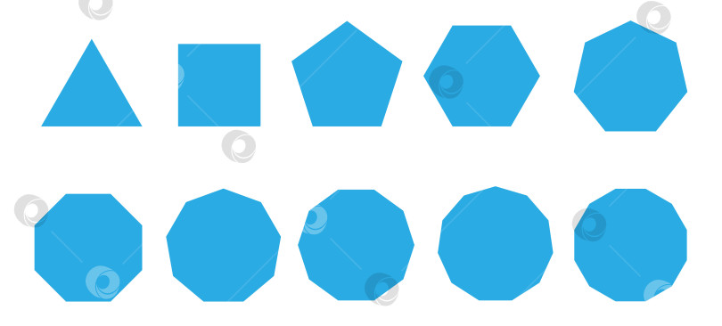 Скачать набор плоских геометрических фигур синего цвета, правильные многоугольники, дидактические материалы по геометрии фотосток Ozero