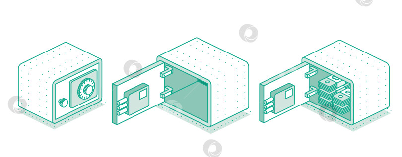 Скачать Изометрический сейф с открытыми и закрытыми дверцами. Выделите контур объекта на белом фоне. Векторная иллюстрация. Значок безопасности. Сейф показан с разных сторон. Внутри деньги. фотосток Ozero