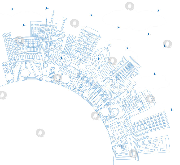 Скачать Обведите Ереван, Армения, голубыми зданиями и скопируйте пространство. Городской пейзаж Еревана с достопримечательностями. Концепция деловых поездок и туризма с исторической архитектурой. фотосток Ozero