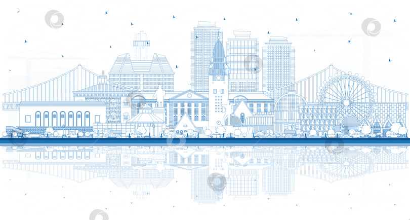 Скачать Нарисуйте городской пейзаж Гетеборга, Швеция, с голубыми зданиями и отражениями. Городской пейзаж Гетеборга с достопримечательностями. Концепция путешествий и туризма с исторической архитектурой. фотосток Ozero