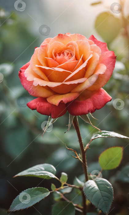 Скачать Красная роза с зелеными листьями - главный акцент образа фотосток Ozero