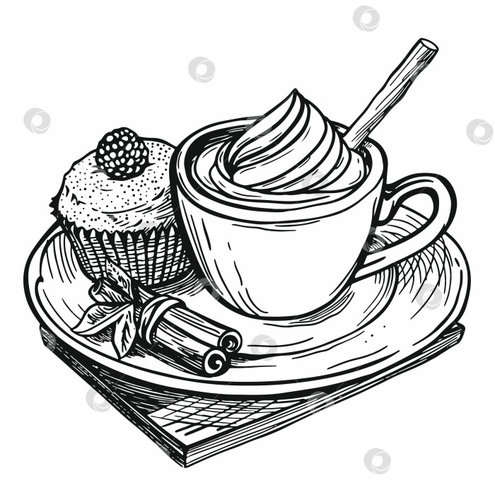 Скачать Чашка капучино с кексом и палочкой корицы на тарелке. векторная иллюстрация, нарисованная от руки. Линейная графика фотосток Ozero