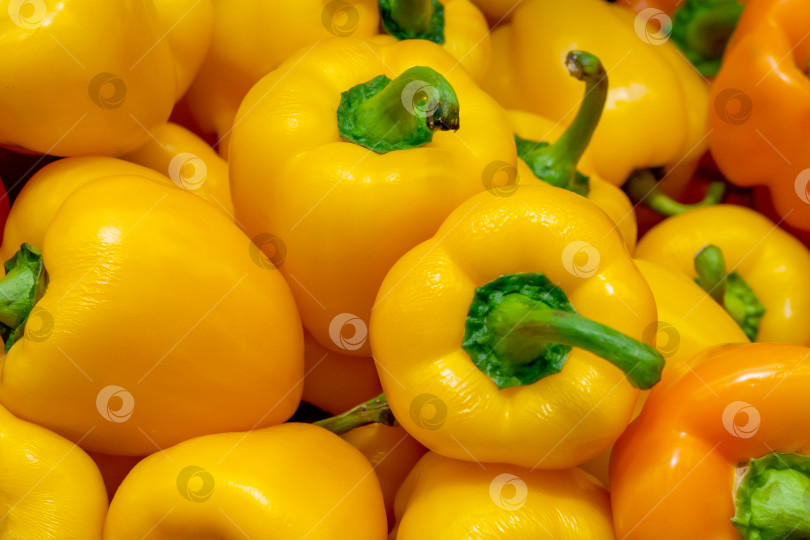 Скачать Груда желтого болгарского перца на рынке (фон, текстура) фотосток Ozero