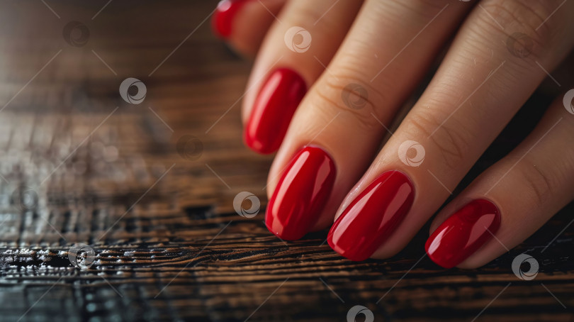 Скачать На деревянной поверхности изображена женская рука с красными ногтями фотосток Ozero