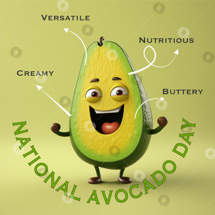 Скачать Национальный день авокадо – 31 июля. Забавный персонаж из авокадо. Дизайн плаката, открытки, флаера фотосток Ozero