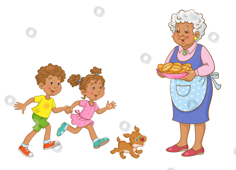 Скачать Дети, взявшись за руки, бегут к бабушке, которая встречает их с пирогами. фотосток Ozero