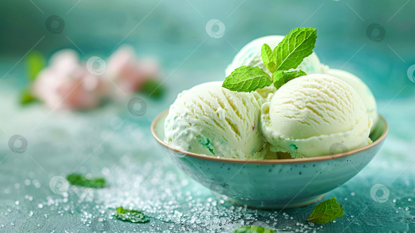 Скачать Домашнее сливочно-мятное мороженое в креманке с листьями свежей мяты. Создан искусственный интеллект. фотосток Ozero
