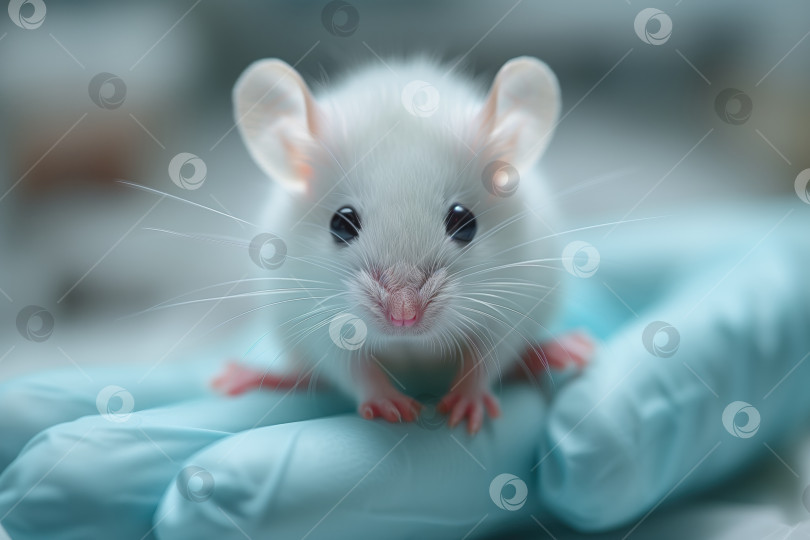 Скачать маленькая белая мышка в руках человека в защитных латексных перчатках на размытом фоне, крупным планом фотосток Ozero