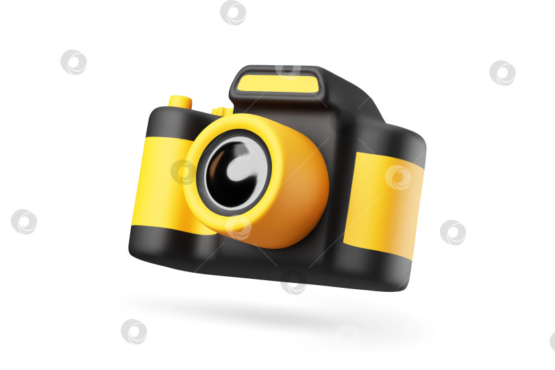 Скачать Симпатичная 3d-мультяшная фотокамера ярко-желтого и черного цветов, выделенная на белом фоне. Элемент дизайна для цифрового контента или концепций мастер-классов по фотографии. Векторная иллюстрация 3d-рендера. фотосток Ozero