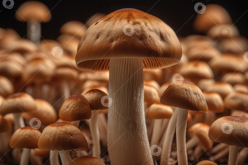 Скачать Аннотация: белые грибы. Крупный гриб с грибными пластинками крупным планом. Сгенерированный искусственный интеллект. фотосток Ozero
