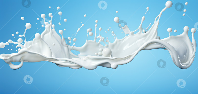 Скачать Всплеск молока или волна сливок с каплями на синем фоне, широкая иллюстрация. Сгенерированный искусственный интеллект. фотосток Ozero