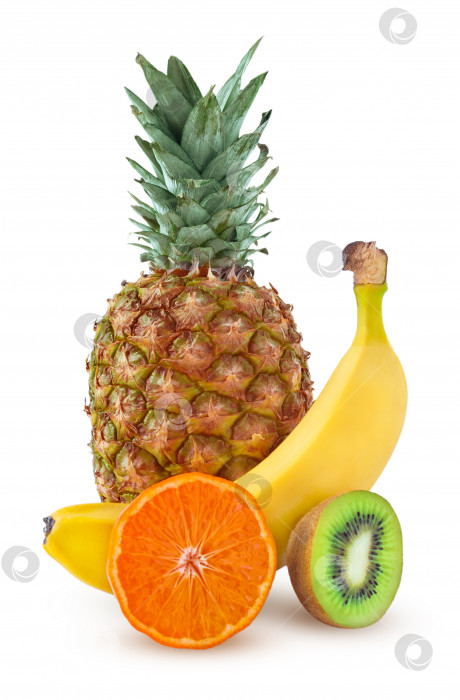 Скачать Набор из свежих тропических фруктов. Ананас, банан, мандарин, киви, выделенные на белом фоне фотосток Ozero