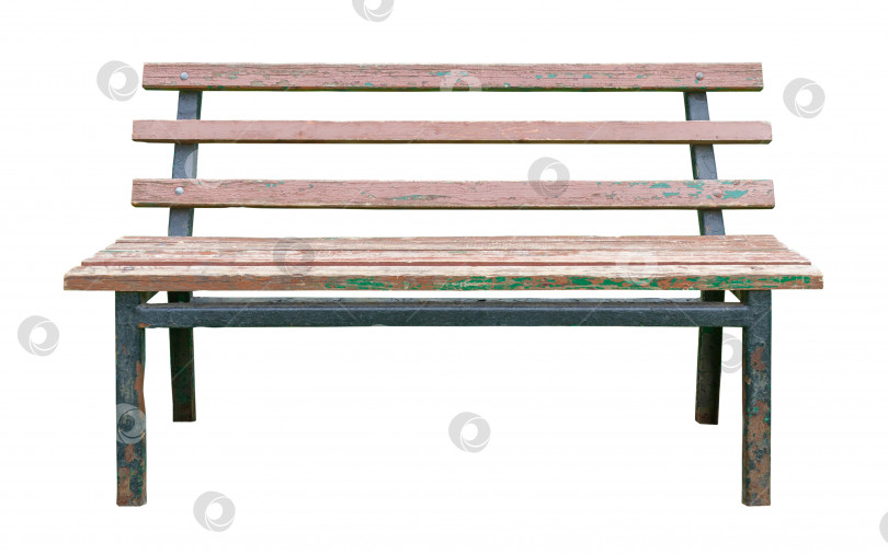 Скачать Состаренная потертая деревянная скамья с металлическими ножками, выделенная на белом фоне (элемент дизайна) фотосток Ozero