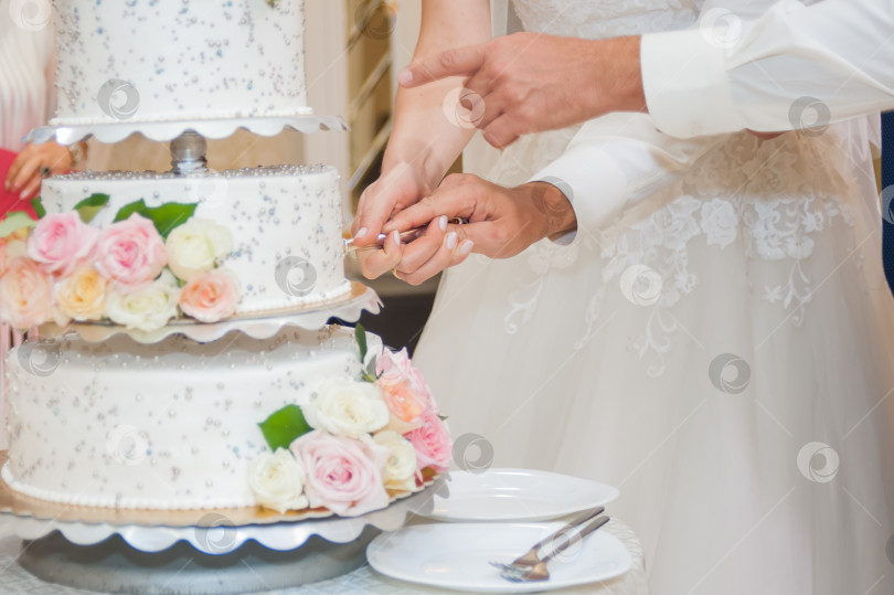 Скачать жених и невеста разрезают свадебный торт. фотосток Ozero