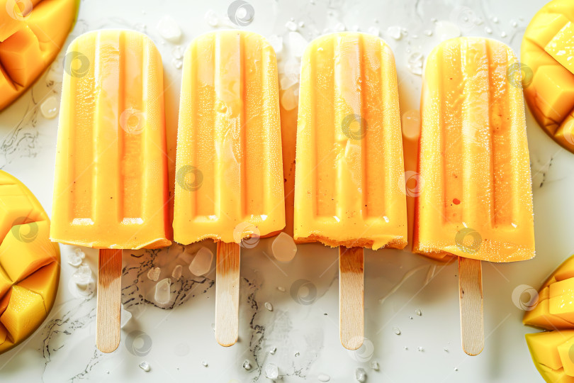 Скачать На белом мраморном фоне лежат несколько фруктовых мороженых из желтого манго на деревянных палочках. Создан искусственный интеллект. фотосток Ozero