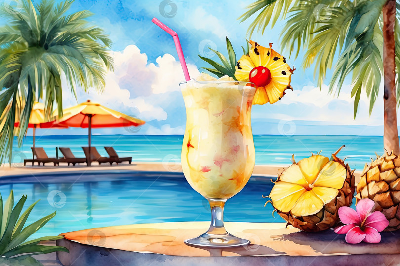 Скачать Фруктовый коктейль, акварельная иллюстрация шейка на тропическом пляже на фоне бассейна отеля, с аксессуарами, солнцезащитными очками, шляпой, соломинкой, ананасом. Создан с помощью искусственного интеллекта фотосток Ozero