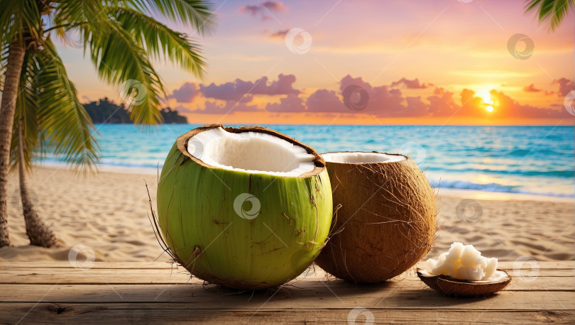 Скачать Иллюстрация сочных половинок кокоса на тропическом пляже на фоне морского коктейля с освежающим кокосовым молоком. Создан с помощью искусственного интеллекта фотосток Ozero