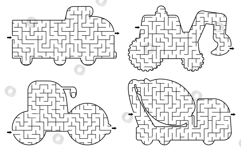 Скачать Набор геометрических лабиринтов на строительной площадке для детей. Набор лабиринтов в виде специальных грузовиков, машинок. Задания для печати на строительных работах. Игра в ремонт, головоломка с трактором, бетономешалкой фотосток Ozero