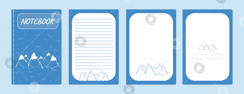 Скачать Набор обложек и страниц для блокнота, скетчбука синего цвета. Рисунок в виде белых гор. Векторная иллюстрация фотосток Ozero
